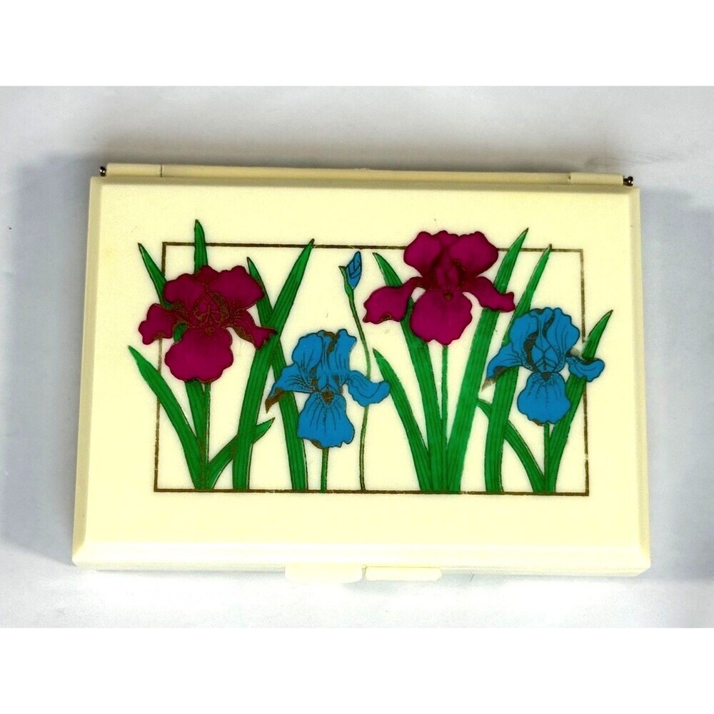 Vintage Tissue Holder Travel Case Compact Mirror Floral Iris Cream Plastic
